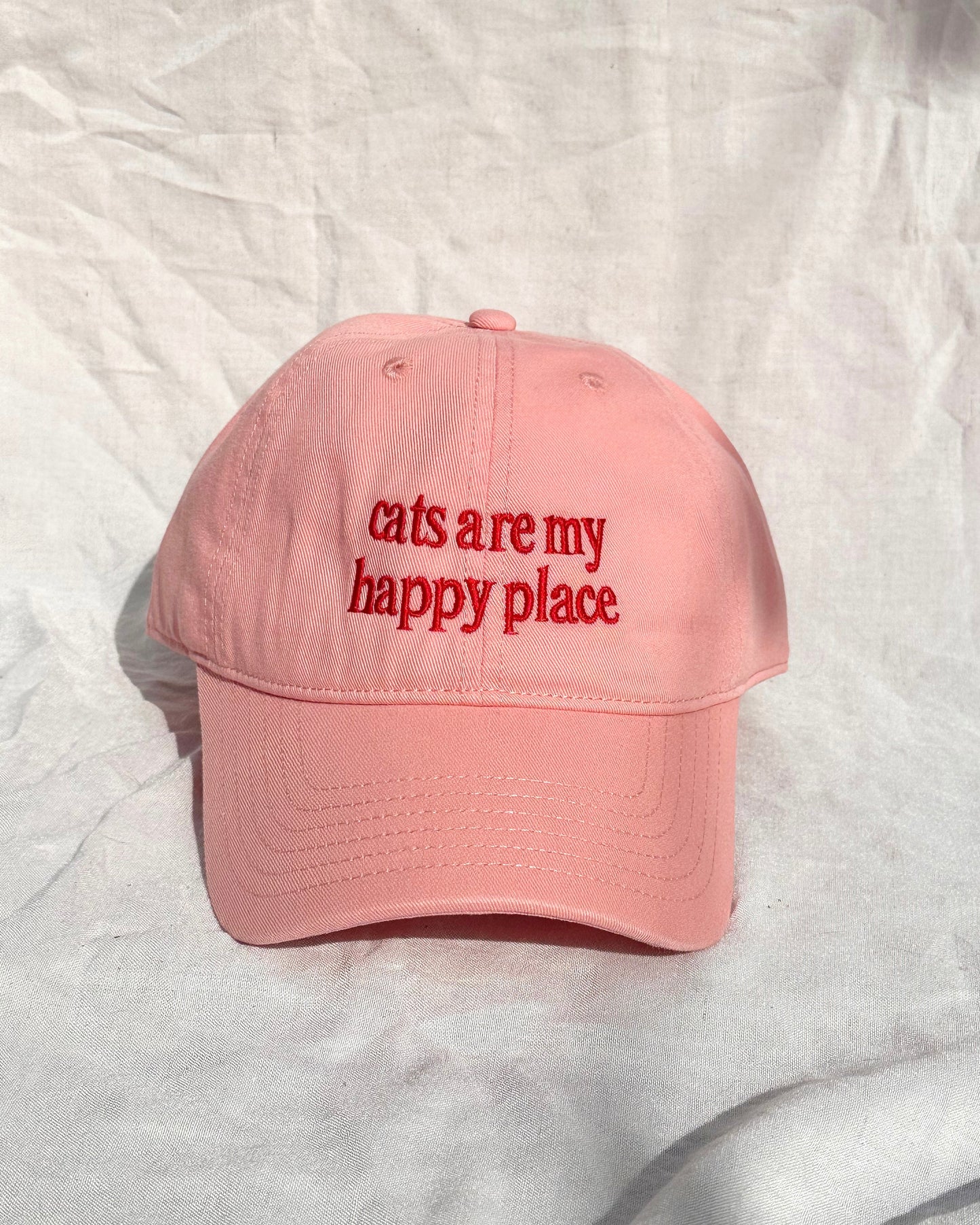 LAST CHANCE: Cats Are My Happy Place – Baby Pink Cap with Red Embroidery