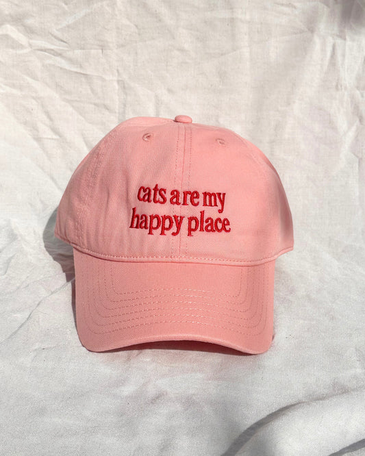 LAST CHANCE: Cats Are My Happy Place – Baby Pink Cap with Red Embroidery
