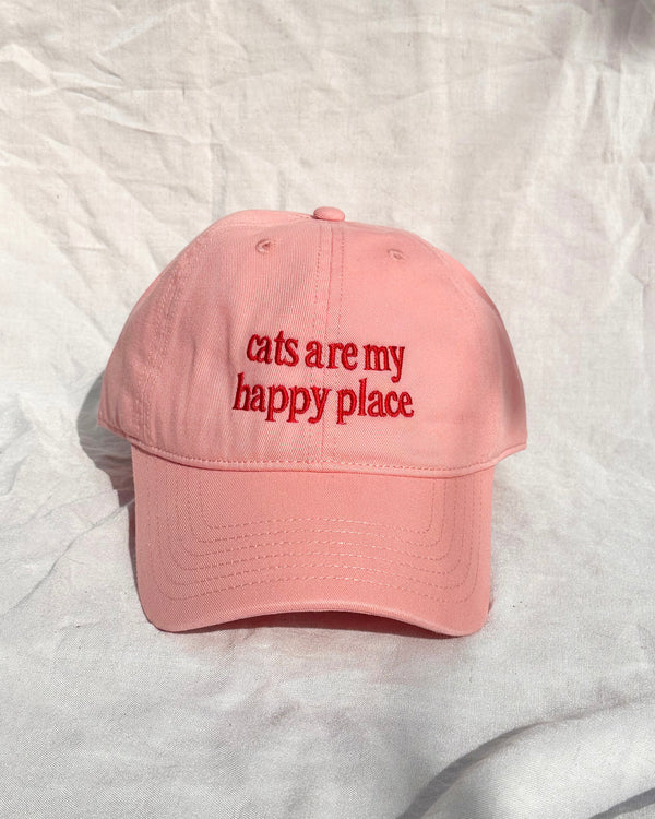 LAST CHANCE: Cats Are My Happy Place – Baby Pink Cap with Red Embroidery